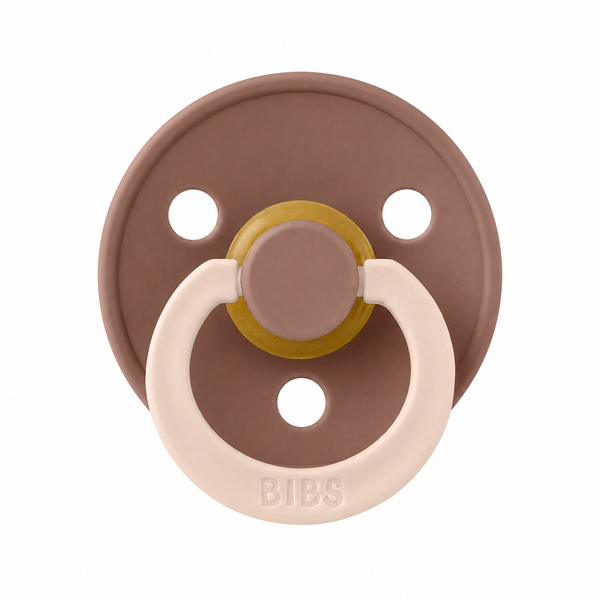 Пустышка BIBS Studio Colour 2 PACK Fusion Latex Round (круглая), набор 2 шт., 6&ndash;18 мес., пудрово-розовая/серо-коричневая, бежевое кольцо 1541 фото