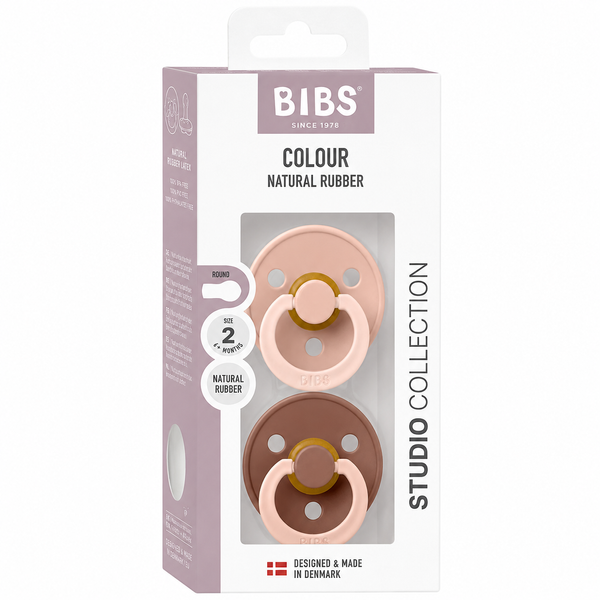 Пустышка BIBS Studio Colour 2 PACK Fusion Latex Round (круглая), набор 2 шт., 6&ndash;18 мес., пудрово-розовая/серо-коричневая, бежевое кольцо 1541 фото