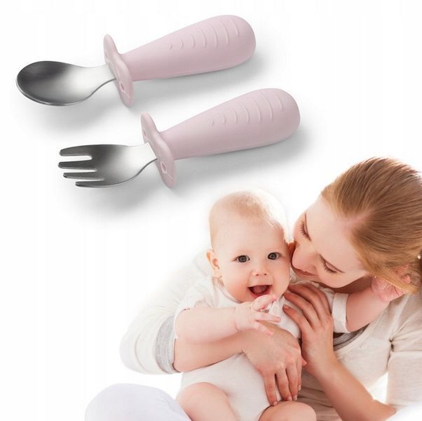 Ложка і вилка BabyOno 1665/02 із захисним обмежувачем, Рожеві 1225 фото